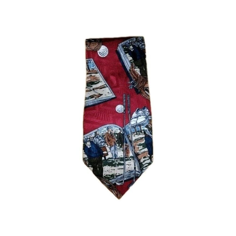 Vintage Claybrooke Men's Dark Red Silk Golf Theme Novelty Tie L-57" W-4" EUC